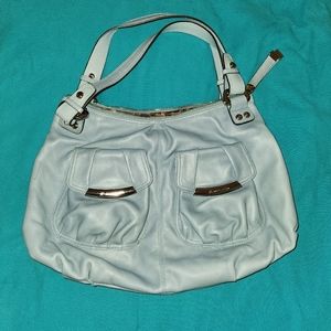 B Makowsky purse in a subdued light blue. 17" wide by 12" high, 20" with straps.